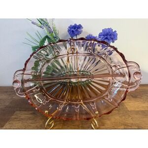 Vintage Anchor Hocking Oyster Pearl‎ Pink Depression Glass Divided Relish Dish